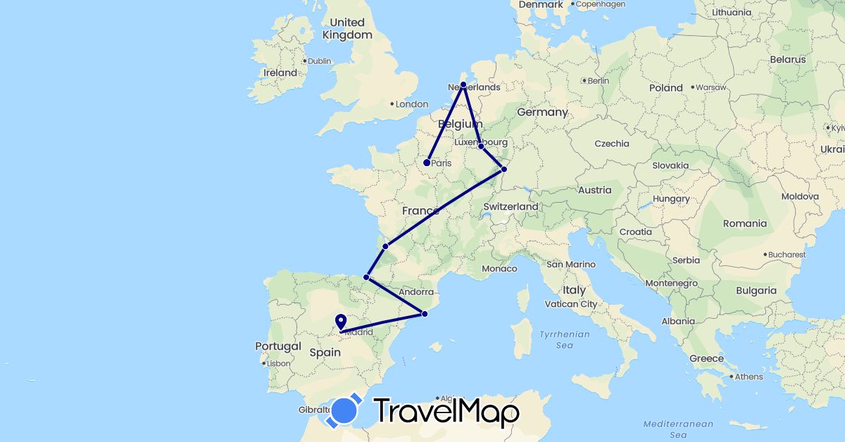 TravelMap itinerary: driving in Spain, France, Luxembourg, Netherlands (Europe)